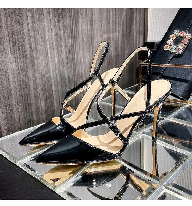 2026New Spring/Summer Silver Lacquer Leather Cross Button Strap Pointed Thin Heel Sandals for Women Sexy High Heel Single Shoes