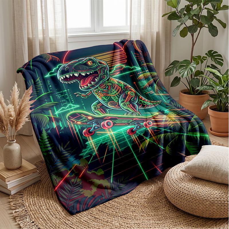 Neon Dino Skateboard Adventure Theme blanket Lightweight Warm Flannel Blanket Decorative Throw Blanket for Home Decoration
