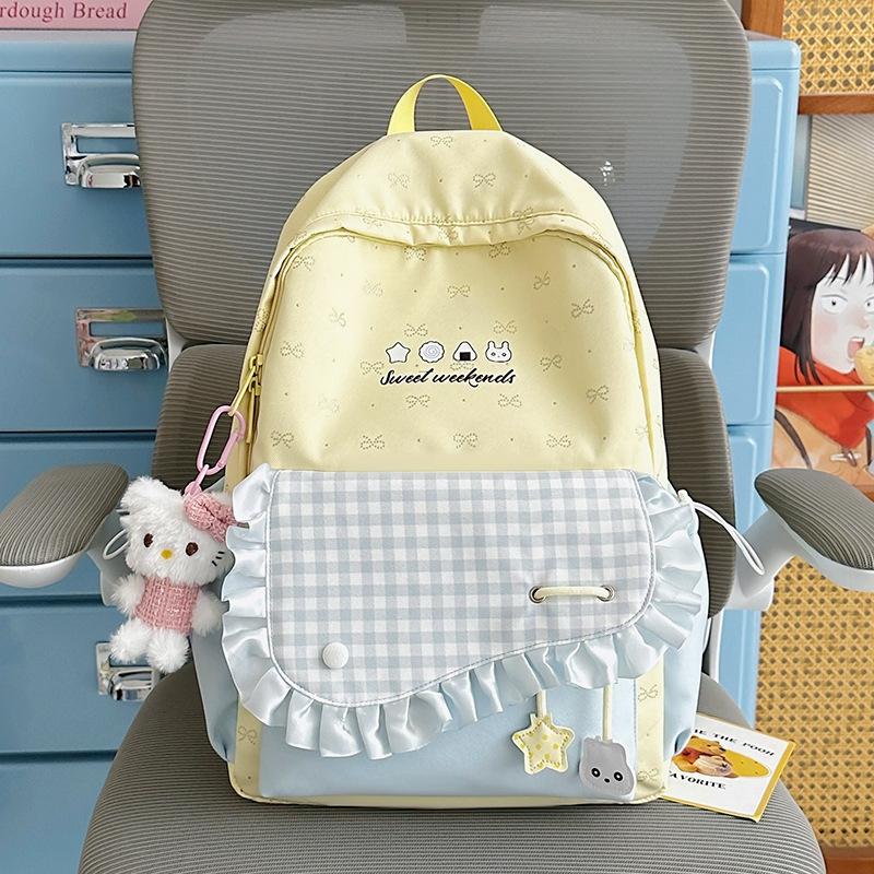Schoolbag Waxy Jiji Cream Lotus Leaf Edge School Bag Niche Bow Embroidery Girl Plaid Color Matching Junior High School Backpack