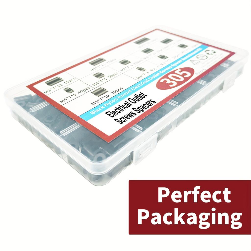 50/305pcs Electrical Outlet Screws Spacers, Black Nylon Round Spacer Assortment Kit, Plastic Spacers Without Threaded, Switch An