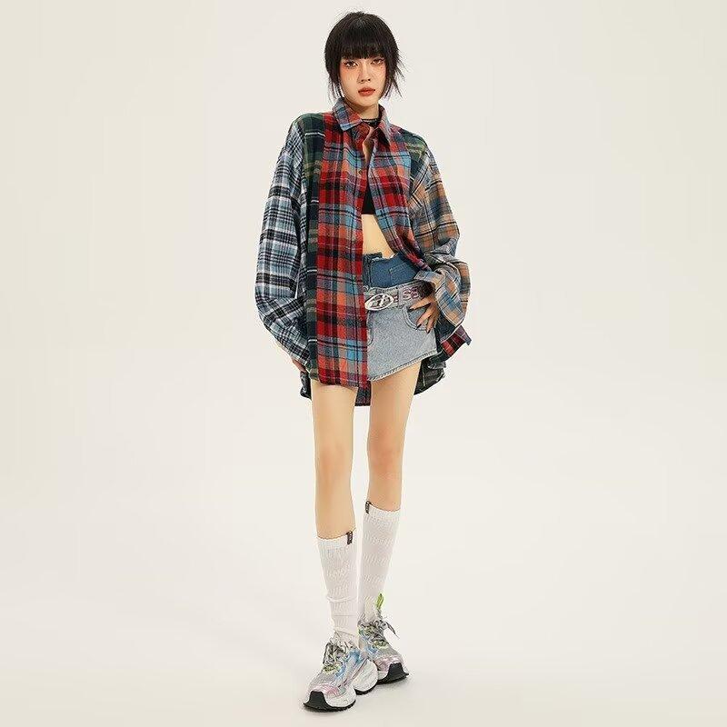 2024 Клетчатая рубашка с длинным рукавом в японском стиле Гонконга Ins Свободная рубашка для мальчиков Летнее модное универсальное повседневное пальто