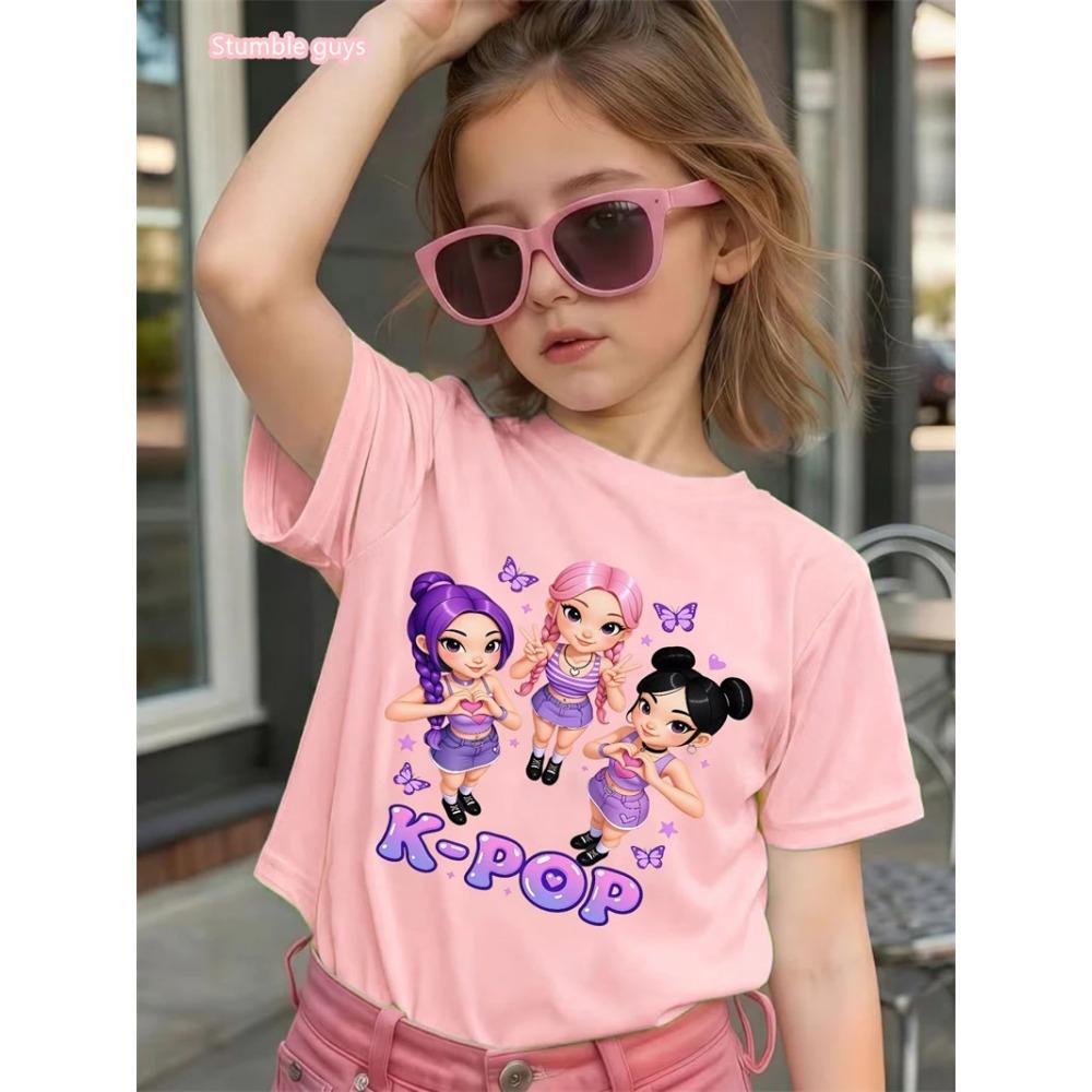 Girls Anime Kpop Theme T-Shirt 2026 Summer Style Cute Graphic Print Short Sleeve Soft Comfortable Anime Clothes Kids Tee