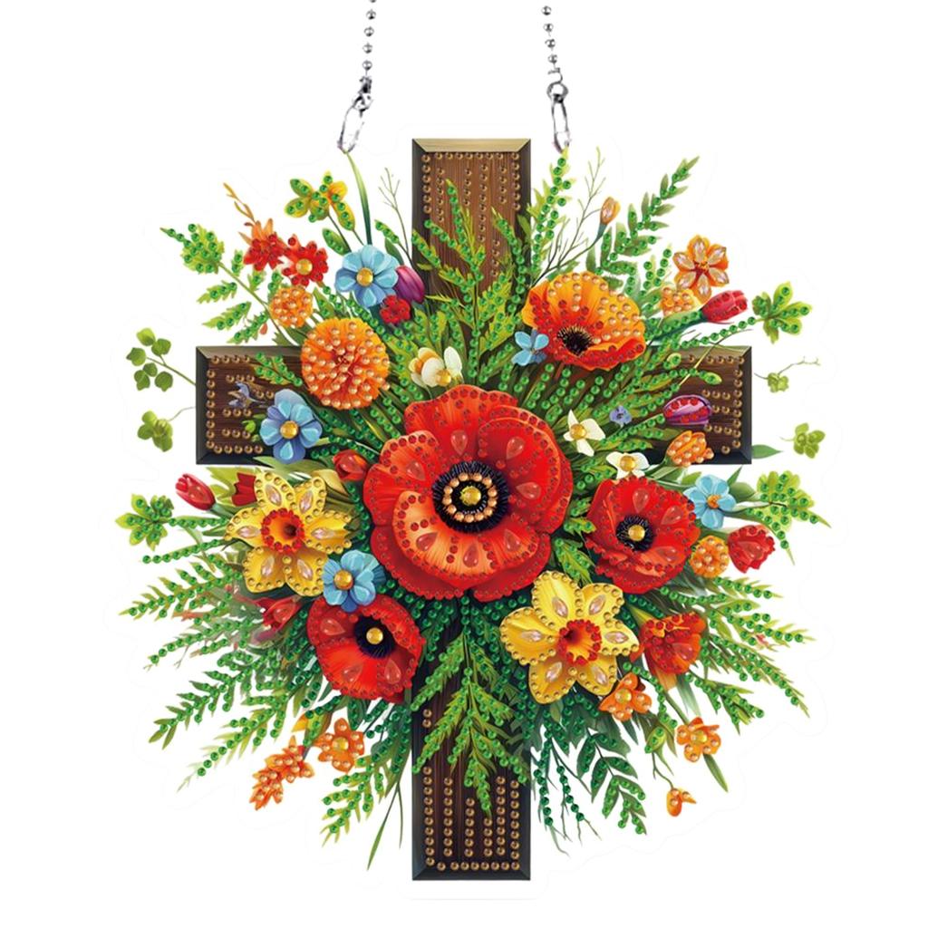Acrylic Special Shaped Cross Flower Leaf Diamond Painting Hanging Ornaments Kit Rhinestone Diamond Art Window Pendants for Home