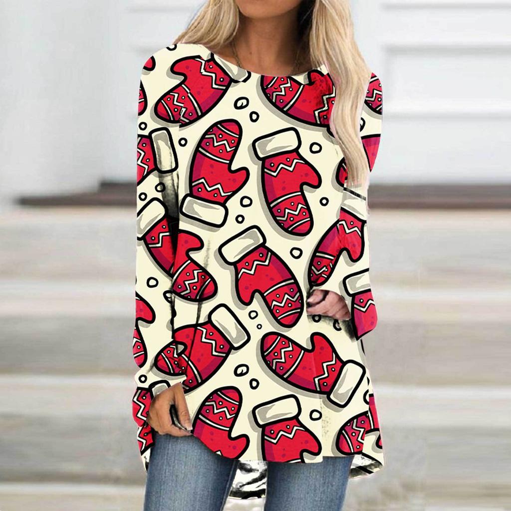 Рождественская елка 3D Принт Длинный рукав Футболка Женская мода Круглый вырез Длинная туника Топы Женщины Осенний рождественский подарок Футболка Femme Топы