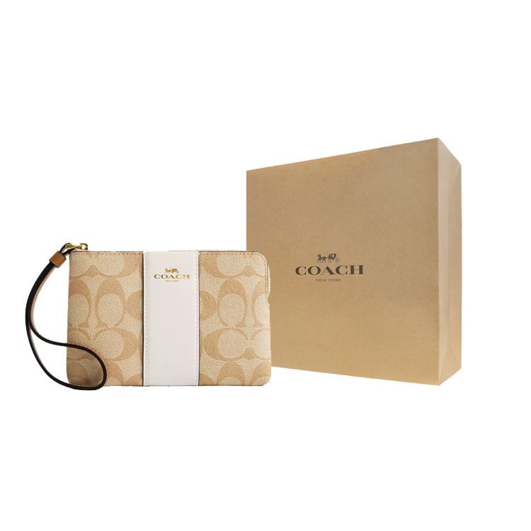 Coach Кошелек-клатч на молнии по углу 15 Полосатый Signature Покрытие из холста и переработанная кожа Клатч Мини Женский клатч Светло-хаки CR945-IMWQJ