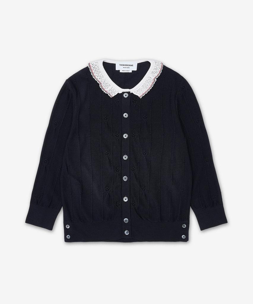 Thom Browne Merino Wool Bobble Stitch Lace Trim Cardigan - Navy / Fkc697By1051415