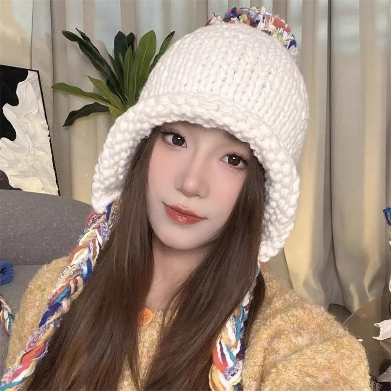 Шапка из шерсти с цветной бахромой и косичкой на осень и зиму, теплая шапка-ушанка для студентов, универсальная модная вязаная шапка-пуловер