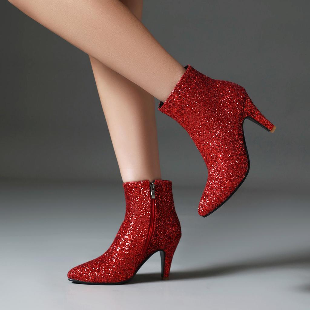 Блестящие Золотые Серебряные Ботильоны Женские Кожаные Элегантные Туфли на Высоком Каблуке Осень Зима Ручная Работа Молния Акцент Вечерние Ботинки