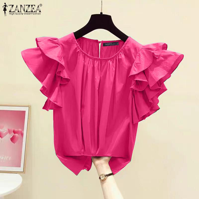ZANZEA Женская модная многослойная свободная блузка с круглым вырезом и рукавами с рюшами