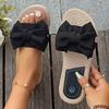 Women's Beige Bowknot Decor Flat Slippers Lightweight Non Slip Outdoor Beach Slides for Woman Comfort One Strap Casual Slippers