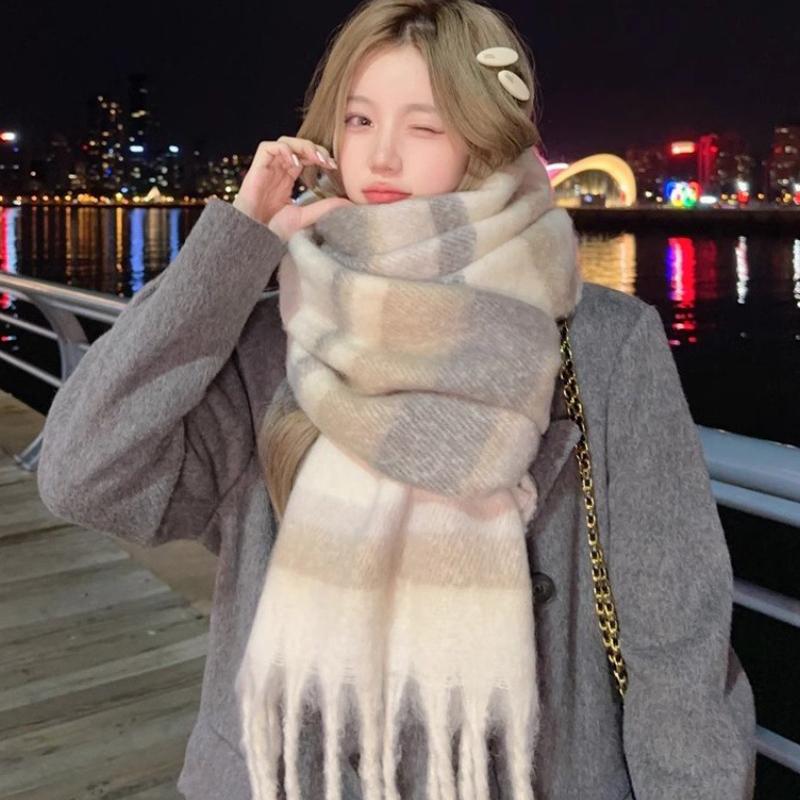 New Winter Faux Cashmere Ladies Scarf Wearable Blanket Thickened Warm Plaid Scarf High-end Korean Version Of Thickened Shawl