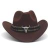 Western Cowboy-Style Wool Felt Hat with Bull Head Accent - Tibetan-Inspired Autumn/Winter Jazz Hat