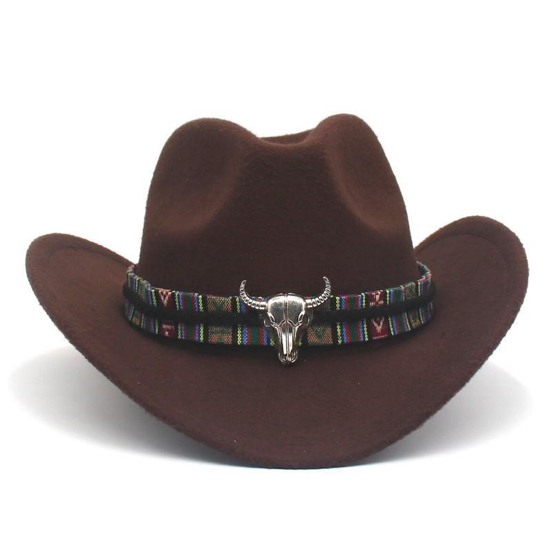 Western Cowboy-Style Wool Felt Hat with Bull Head Accent - Tibetan-Inspired Autumn/Winter Jazz Hat