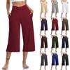 Women  Elastic High Waist 3/4 Pant Casual Active  Fit Wide Capris Leg Pants Trousers With Pockets