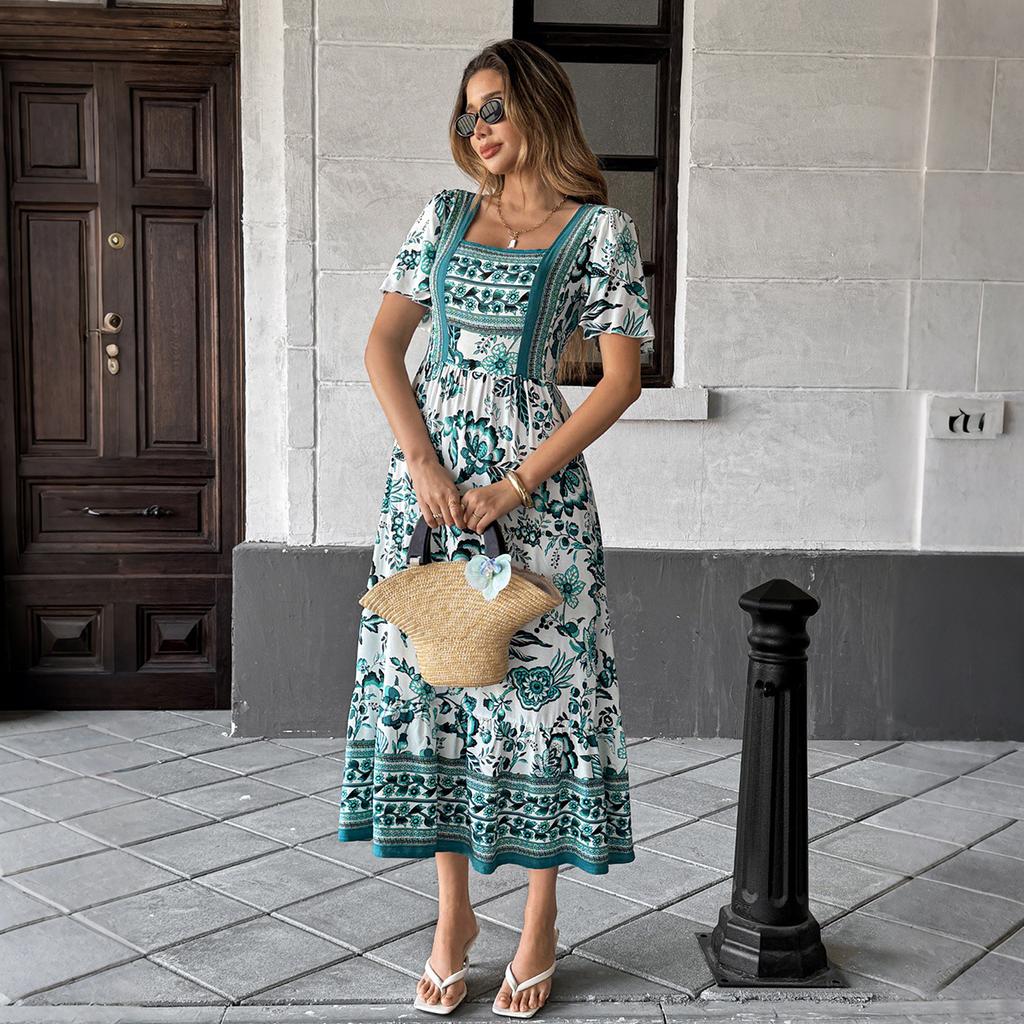Элегантное длинное платье с принтом в отпускном стиле с короткими рукавами для женской весны и лета