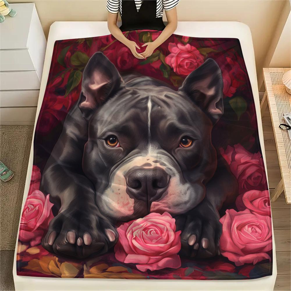 Pitbull and roses,pattern Flannel Blanket, High quality Comfortable for All Seasons, Home Decor, Warmth and Comfort, Perfect for Gifts.