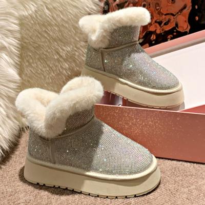 Женские зимние ботинки на платформе с кристаллами и мехом, роскошные туфли на плоской подошве из плюша и хлопка, дизайнерские зимние трендовые удобные теплые нескользящие ботинки Mujer