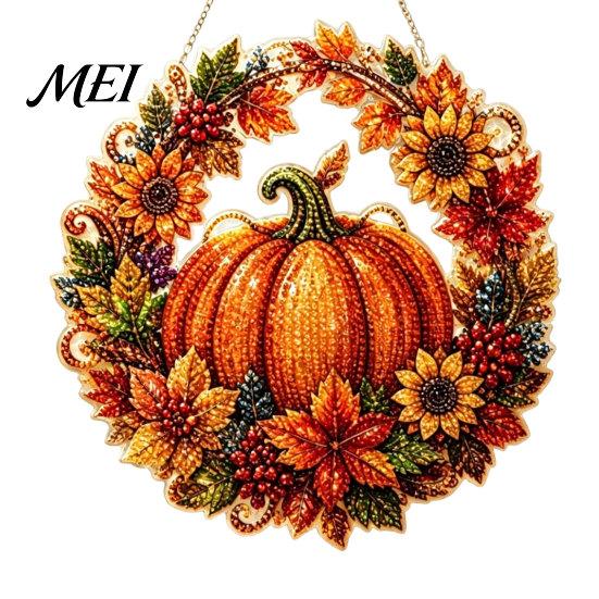 Beautiful Holiday Ornament Fall Pumpkin Sunflower Wreath Hanging Decor, Acrylic Hand Painted Window Ornament, Thanksgiving Halloween Harvest