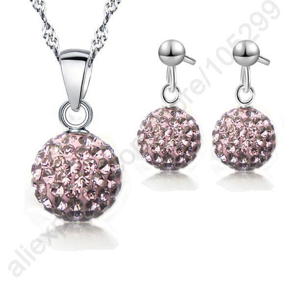 Austrian Pave Disco Ball Stud 925 Sterling Silver Earring Pendant Necklace Austria Crystal Woman Jewelry Sets Gift