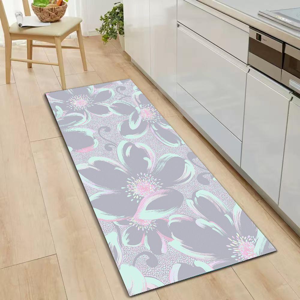 Soft Grey Pastel Floral Runner Rug, Mint Pink Magnolia Flower Long Hallway Mat Non Slip Washable Entryway Floor Carpet