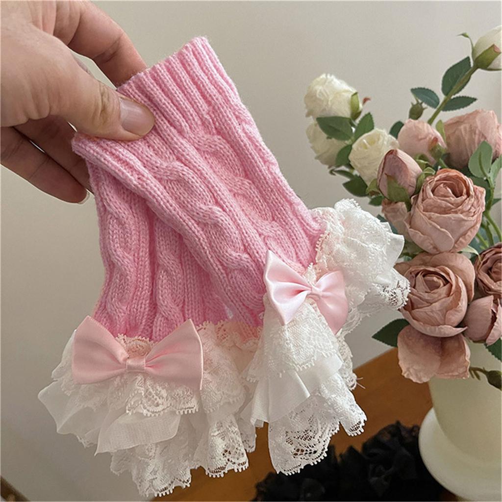 Lolita Lace Bowknot Gloves Y2K Fingerless Gothic Winter Warm Sunscreen Sleeve False Sleeve Gloves Women JK Clothing Accessories
