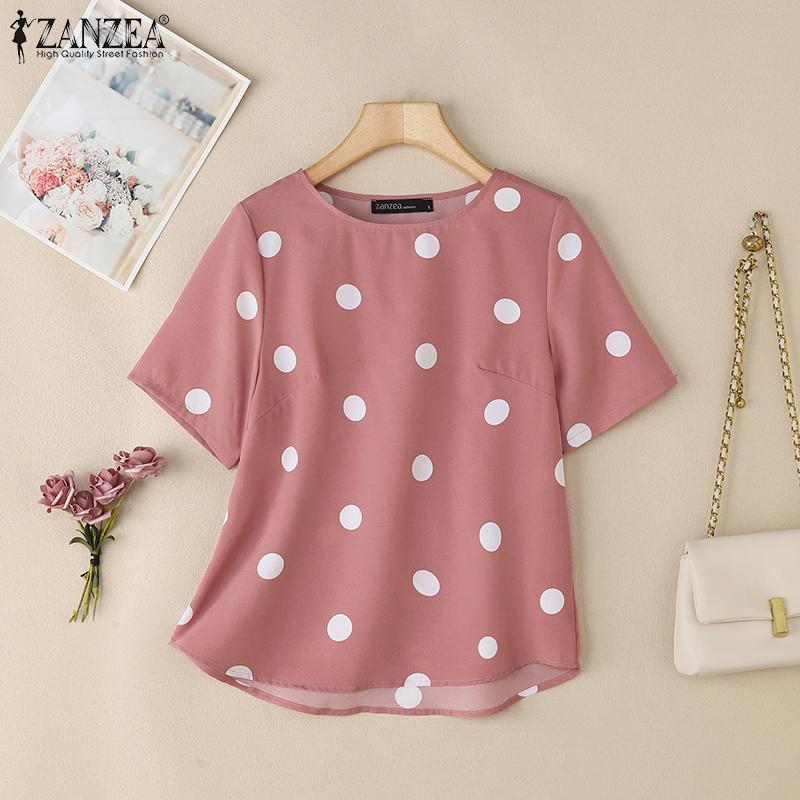 ZANZEA Женская повседневная летняя блузка с принтом в горошек и коротким рукавом