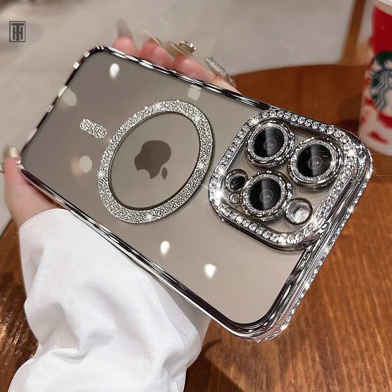 Новый модный блестящий чехол со стразами для iPhone 15 11 12 13 14 Pro Max Plus Magsafe, магнитный, с беспроводной зарядкой, прозрачный блестящий чехол