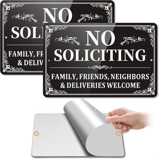 No Soliciting Sign for House 2 Pack, No Soliciting Sign for Front Door Home Self-adhesive 9 x 6 inches, Aluminum Metal Yard Signs, Family, Friends,