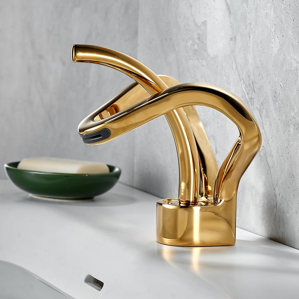 Gold Crown Single Handle Single Hole Hot and Cold Waterfall Bathroom Sink Mixer Tap Deck Mounted Luxury Lavatory Faucet