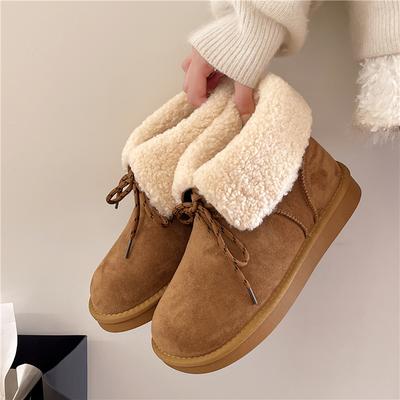 Плюшевые плоские зимние сапоги-дутики с отворотом, новые, с круглым носком, с бантом-розеткой, теплые, нескользящие, хлопковые сапоги