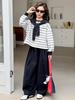 Girls' 2025 Autumn College Style: Striped Cape Sweatshirt & Wide-Leg Pants Two-Piece Set