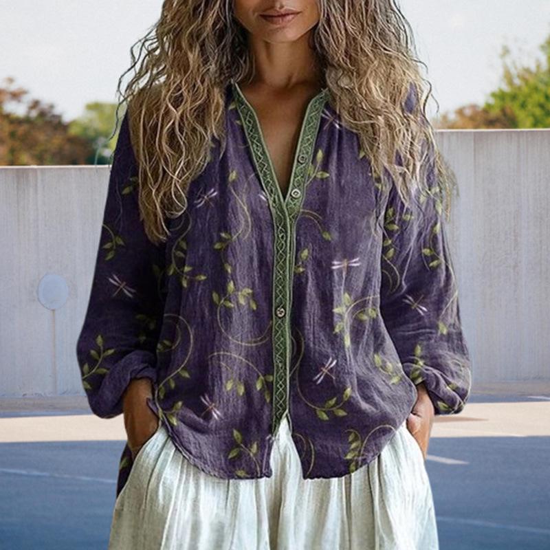 2025 Винтажный топ с фиолетовым цветочным принтом, воротником-стойкой и длинными рукавами