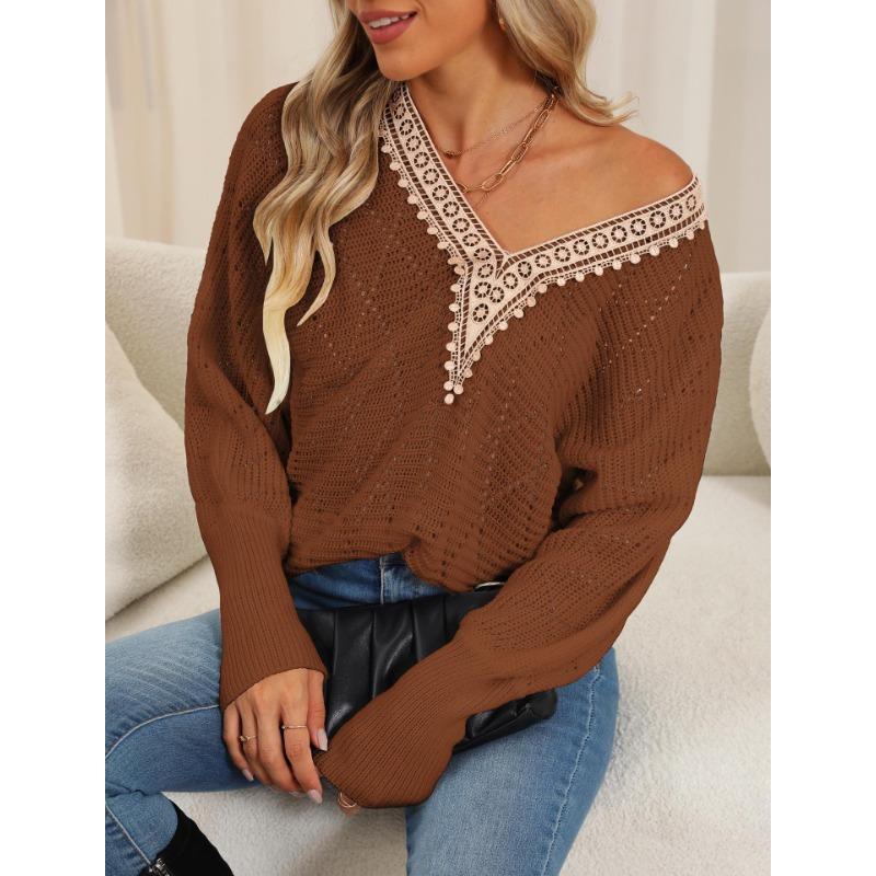 Женский свитер осень/зима с вырезом, кружевом и V-образным вырезом в стиле пэчворк с рукавами летучая мышь