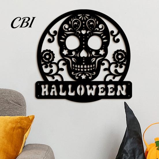 Retro Halloween Party Supplies Skull Metal Door Sign, Gothic Spooky Skeleton Head Hanging Wall Entrance Ornament Art for Man Cave, Bar, Bedroom,