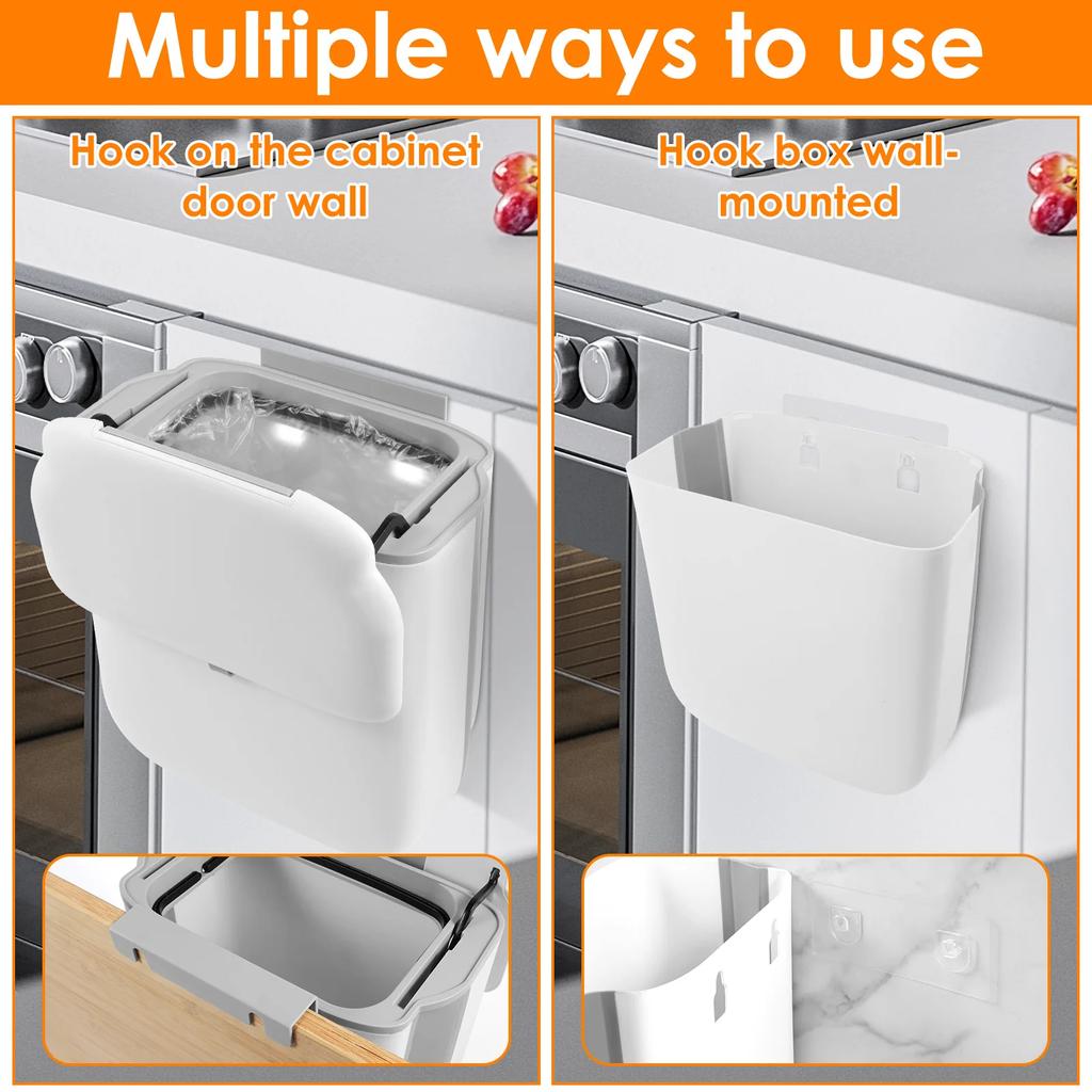 Hanging Trash Can Kitchen Food Compost Bin with Lid and Hidden Scraper Space Saving Foldable Wall Mounted Garbage Can for Home