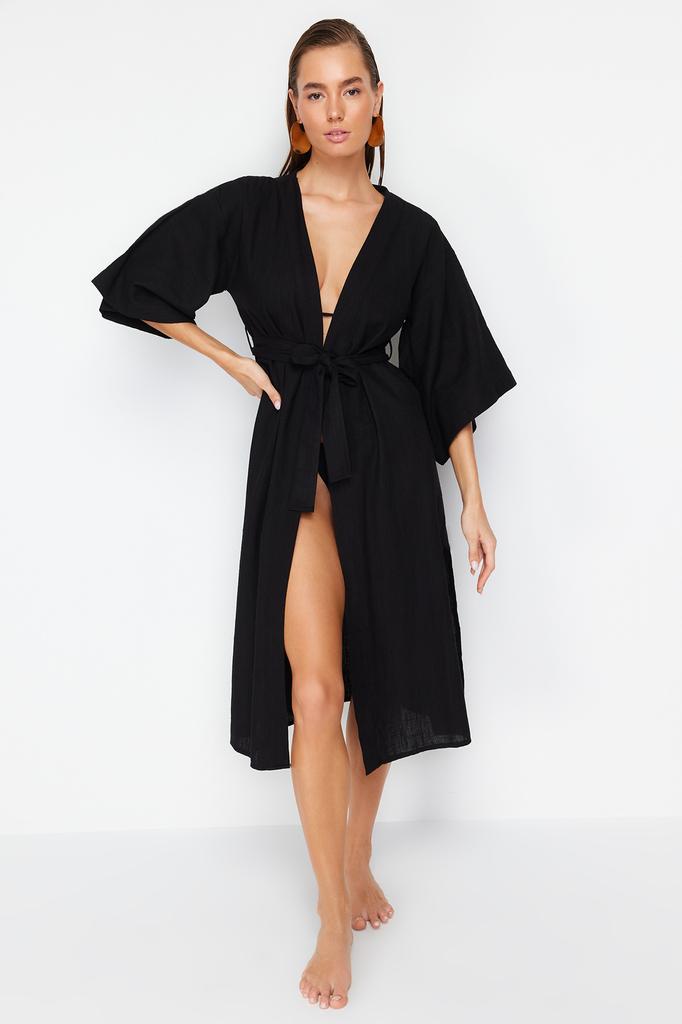 Women's Fashion New Kimono&Kaftan Green Belted Maxi Woven Linen Look KimonoKaftan