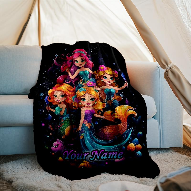 1PC Custom Name Mermaid Fantasy Adventure outdooor Flannel blankets Patterns Throw Blanket All-Season Soft Gift for Couch, Bed, Camping gifts