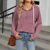 Женская мода однотонный пуговицах капюшон карман свободный длинный рукав топ