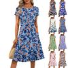 Women's Casual Fashion Round Neck Pleated Short Sleeve Floral Print A-Line Midi Dress