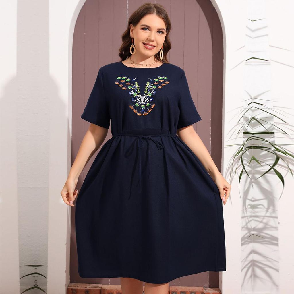 Женское летнее платье с круглым вырезом и коротким рукавом с вышитым поясом больших размеров, свободное простое платье синего цвета XL-5XL