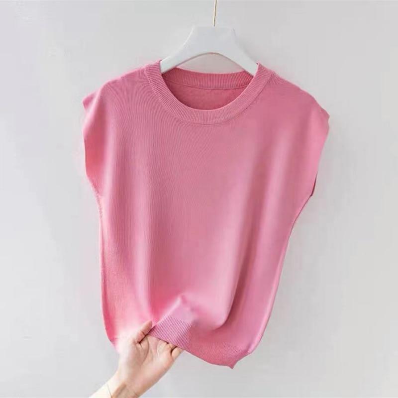 Summer O Neck Loose Ice Silk Knit Blouse Women Knitwear Fashion Solid Short Sleeve Shirt Casual Slim Lady Tops 27174