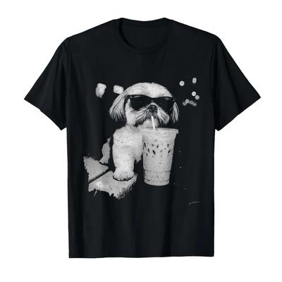 Funny Shih Tzu Drinking Iced Coffee Dog Lovers Meme Graphic Tshirt For Men Women 100 Cotton T Shirts Short Sleeve Tops 04063