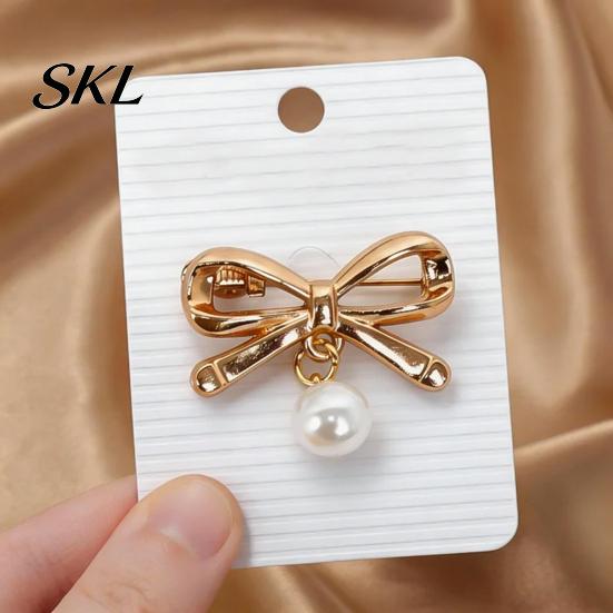 Strong Buckle Brooch Pin, Bow Shape Alloy Lapel Pin with Imitation Pearl, Non-fading Electroplating Anti-Oxidation Badge for Coats Shirts Bags