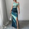 Vintage Tie-dye Sleeveless Suspender Dress Summer Female Beach Party Tank Dress Women Fashion Slanted Shoulder Slim Maxi Dresses