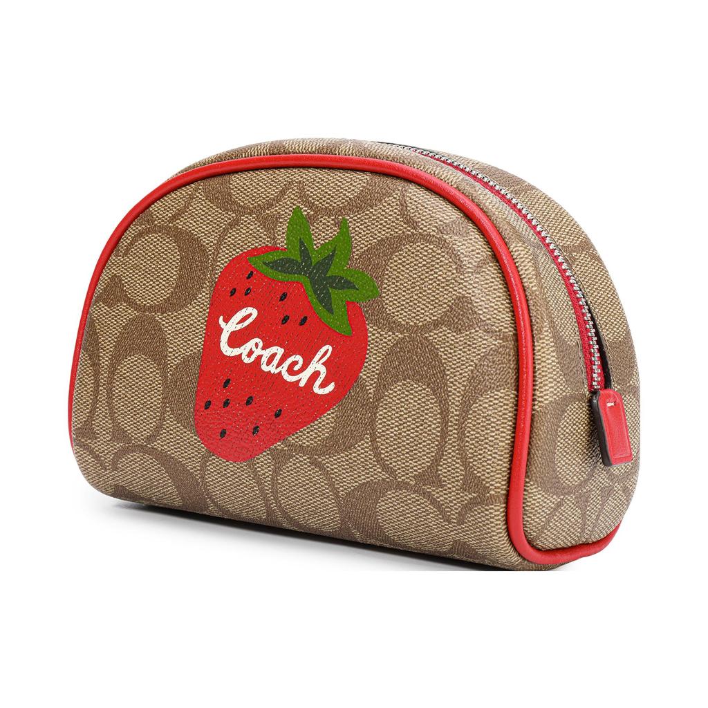 New COACH Dome Leather Handheld Makeup Bag Trumpets Women's Red & Brown CH528-SVRVB