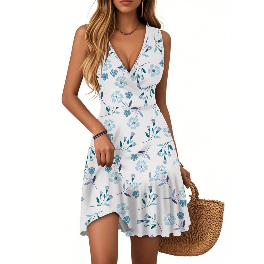 Women's Dress V-neck Sleeveless Casual Floral Print Hem Pleated Dress