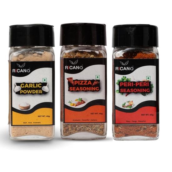 Рикано Чесночный порошок 45г, Смесь для пиццы 45г и Пери Пери 50г Комбо (3-Pack) | Набор специй | Идеально для гриля, приправ, готовки и топпингов