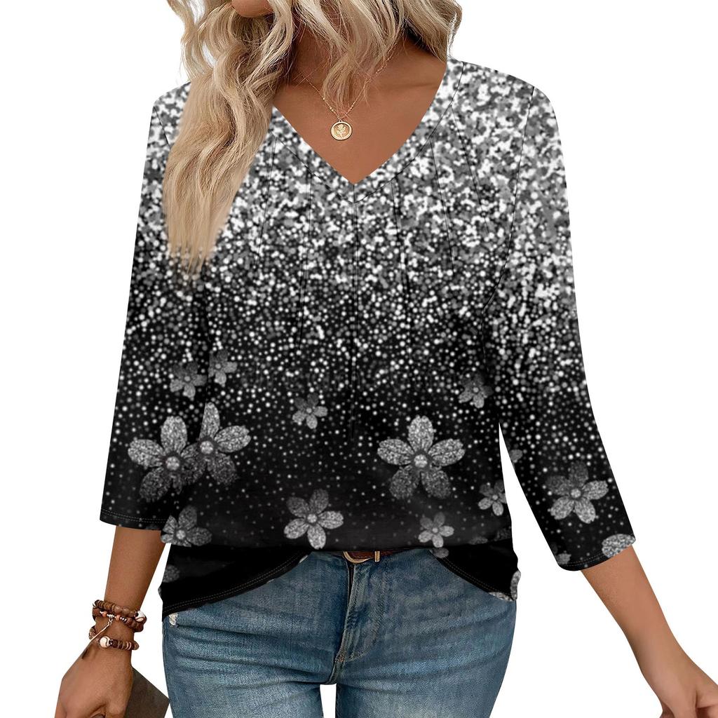 Women's Casual Tops V Neck Pull Stripe Prints Seven Sleeve Tops