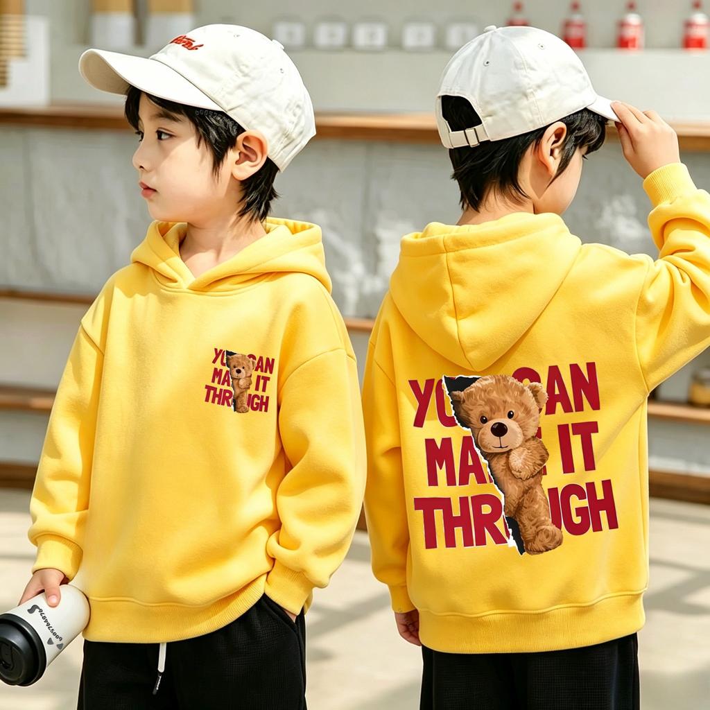 Children Pullover Hoodie Cute Bear Graphic Print Front And Back Casual Streetwear Hooded Sweatshirt