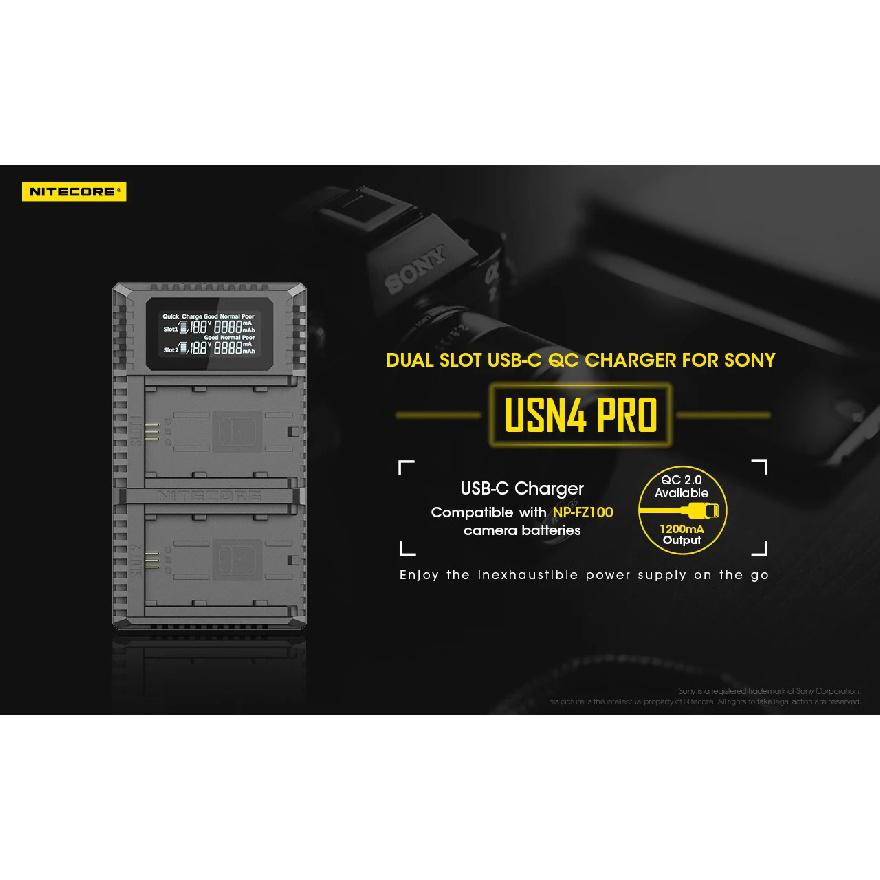 Зарядное устройство NITECORE USN4 PRO для аккумуляторов камеры, двухслотовое, USB-C, быстрая зарядка QC, для Sony NP-FZ100, активация глубоко разряженных аккумуляторов